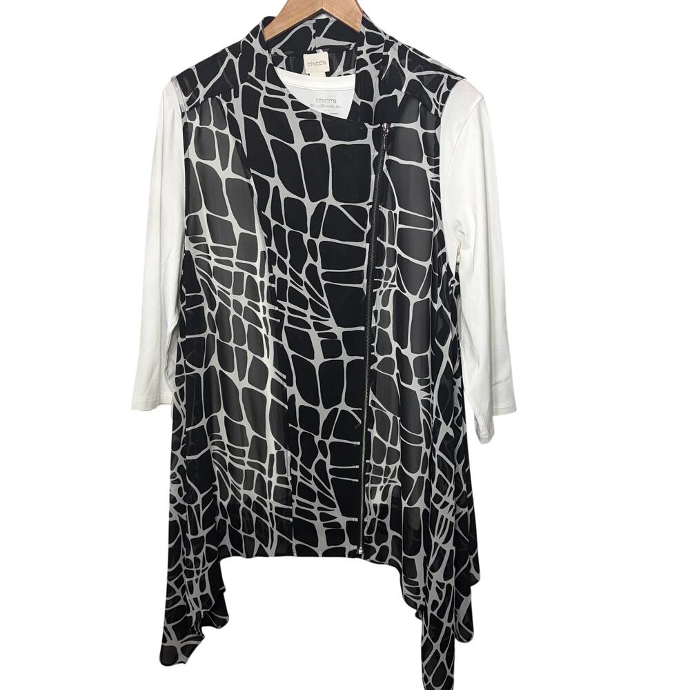 Chico's Top 2 Pc White Cotton Knit Top Black Abstract Asymmetrical Vest Office 3